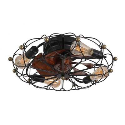 Low Profile Caged Ceiling Fan With Lights Remote Control, Embedded Modern Industrial Ceiling Fan