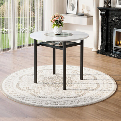 Table de salle à manger ronde de 42 pouces de style minimaliste blanc moderne convenant à 4 à 6 personnes (incrustation de verre gris + support stable en métal, adapté à de multiples cas de figure).