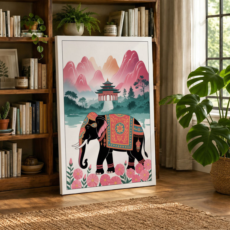 Elephant In Mountain Mist Japandi - Print, 24x16 - 61.0 x 40.6 cm, Sage Border