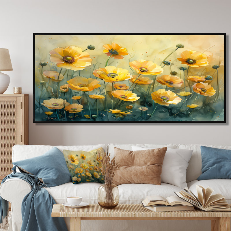 Décoration murale jaune avec bouton d'or jaune et brise de fleur III - Buttercups, Toile avec cadre flottant noir