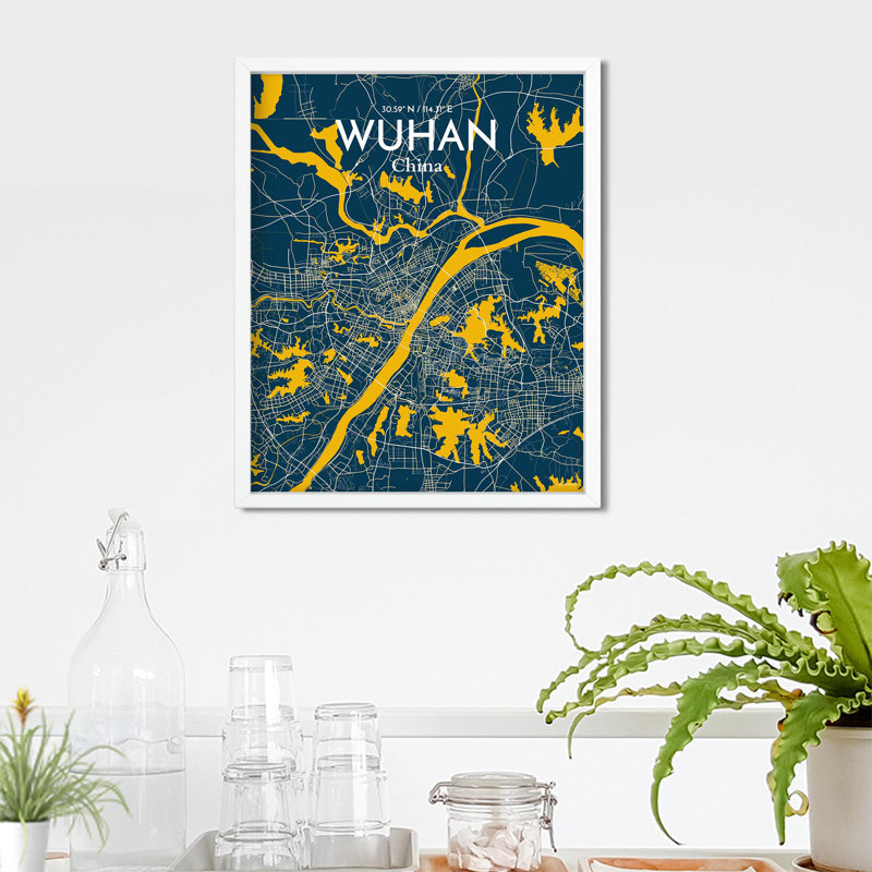 Carte de la ville de Whan, impression, Bleu / jaune, H 20 po x l 16 po