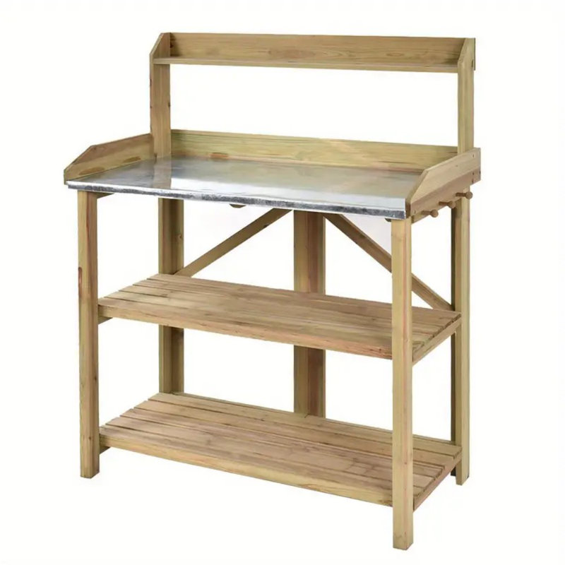 Banc de jardin en bois à 3 niveaux avec plateau en tôle - Poste de rempotage extérieur ergonomique et durable, tablettes de rangement et de plantation pour outils, brun clair, 41,5 po x 19,5 po x 48 po