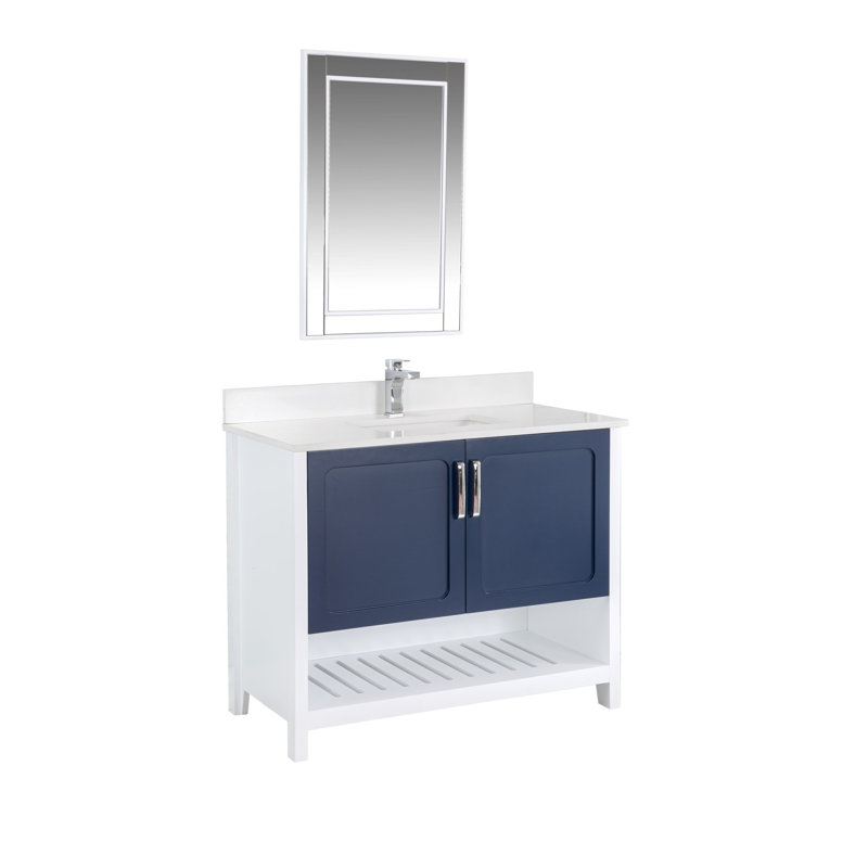 Ensemble de meuble-lavabo simple 41,3 po avec miroir Chasetin, Bleu foncé / Blanc