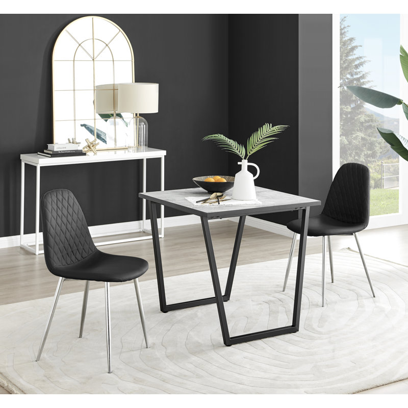Industrial Design White & Grey Marble Effect Melamine Dining Table Set with 2 Faux Leather Chairs, Black/Silver