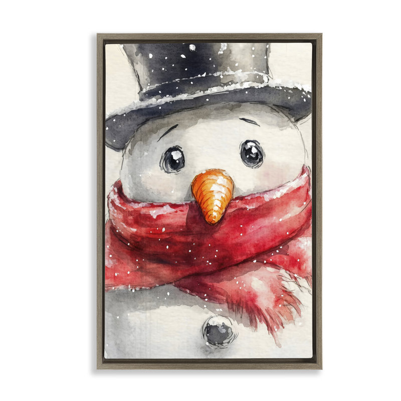 Gros plan sur un cadre flottant portrait de bonhomme de neige, design par Petal Prints Design, Cadre flottant orme Montalcino