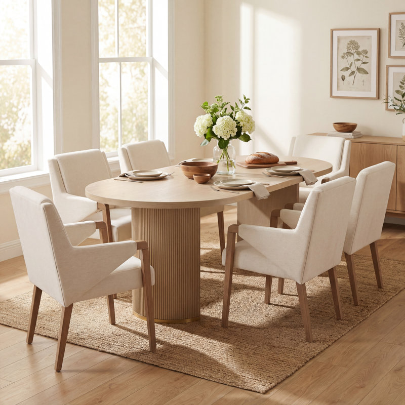 Krisslyn 6-Person Rubberwood Dining Table Set With Upholstered Chairs & Double Pedestal Base, Light Ash, Beige/Light Ash