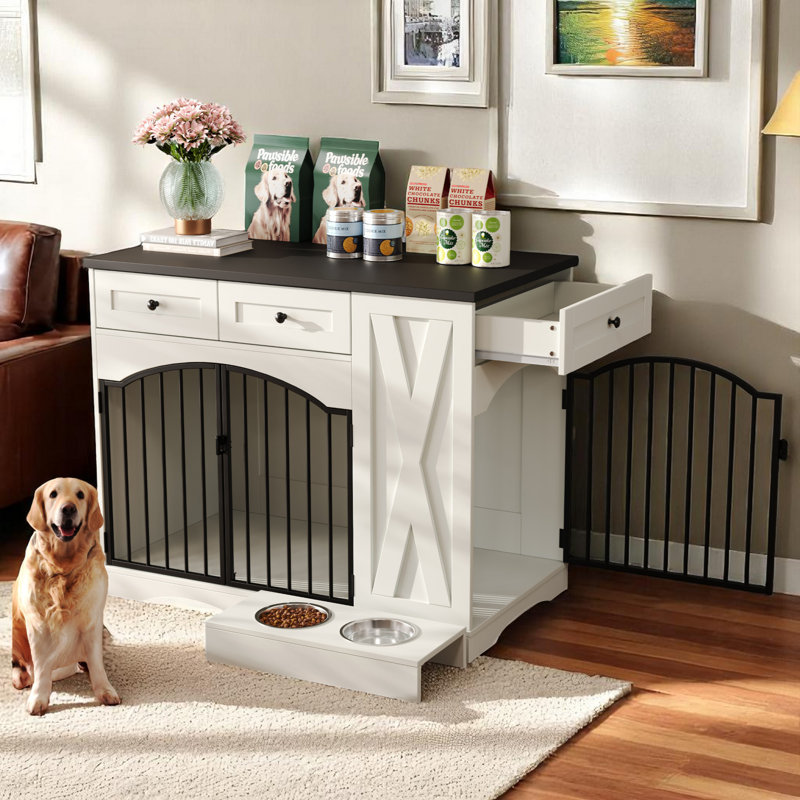 Meuble pour chien de 43,3 po, cage de ferme robuste avec 3 tiroirs, chenil d'intérieur en bois avec mangeoire amovible, table de bout pour cage de chien, blanc