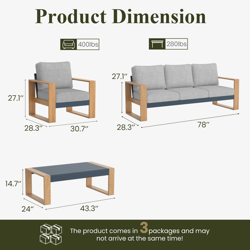  Ensemble de meubles de patio en aluminium 4 pièces avec table basse, siège surdimensionné avec ensemble de conversation extérieur à dossier haut