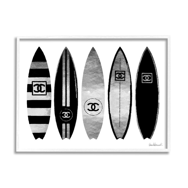 Fashion Designer Surf Boards Black Silver Watercolor  Oversized White Framed Giclee Texturized Art by Amanda Greenwood