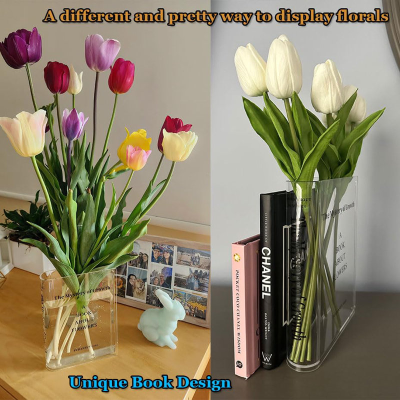 Clear Book Flowers Vase - Cute Bookshelf Decor; Unique Vase For Book Lovers