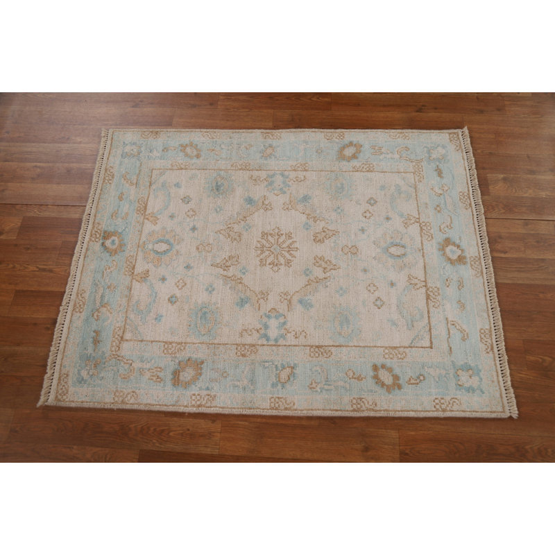Tapis beige en laine noué à la main de conception unique 3 pi 1 po x 3 pi 11 po New Age