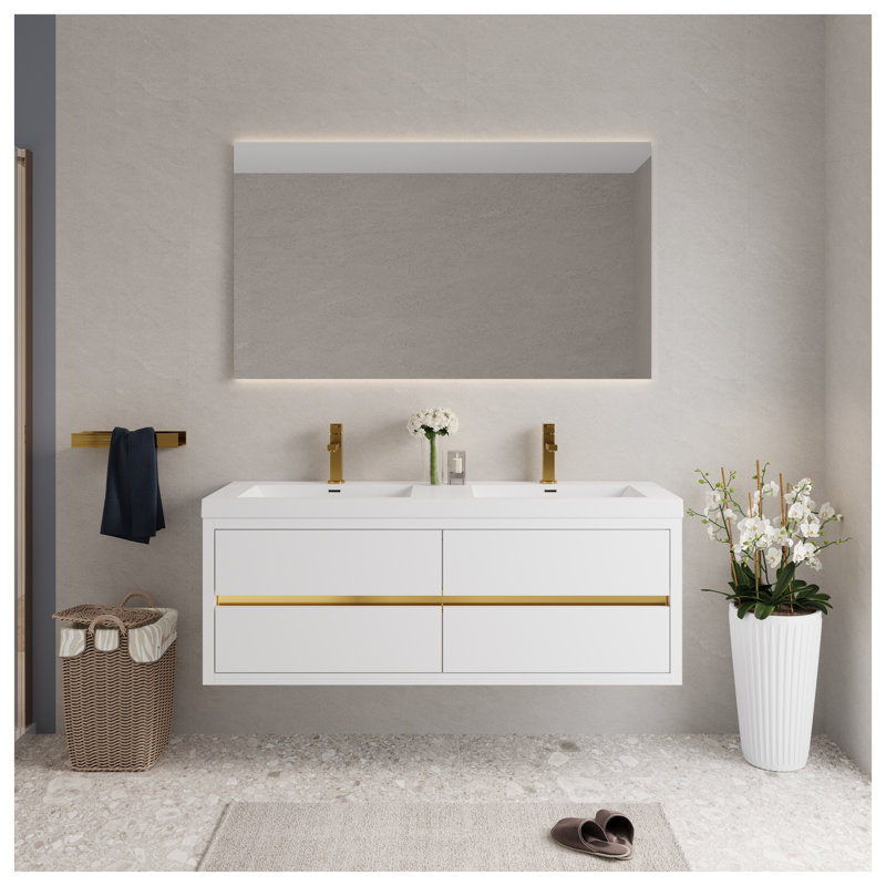 Ensemble de meuble-lavabo double 72 po avec plateau en résine et tiroirs à fermeture en douceur, blanc brillant 72 po