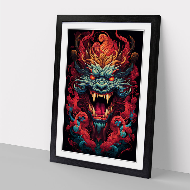 Chinese Dragon Geometric No.2 - Single Picture Frame Print on Wood, Black , 46cm H x 34cm W x 2cm D
