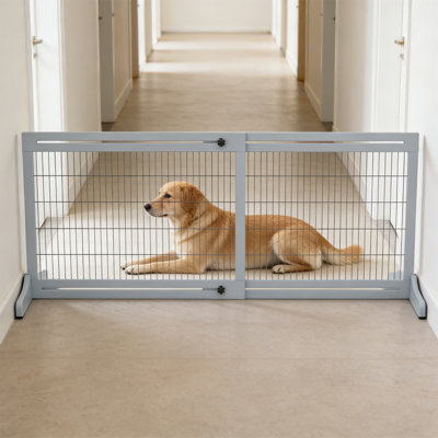 Barrière pour animaux réglable en bois, clôture pour chien autoportante pour hall d'entrée, 3 panneaux avec barrière de sécurité, porte verrouillable, bleu, l 41 po à 72 po x P 14 po x H 27 po