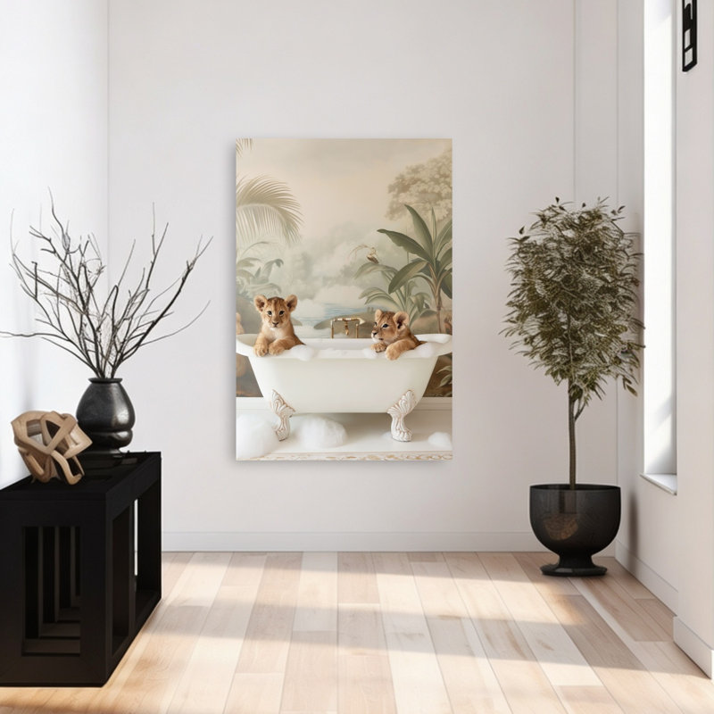 «Lion Cubs Bubble Bath», reproduction d'art mural contemporain, H 48 po x l 32 po