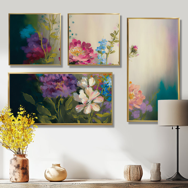 «Painted Blossoming Wildflowers III», art mural floral grand, 4 pièces, Impression encadrée sans passe-partout, Doré