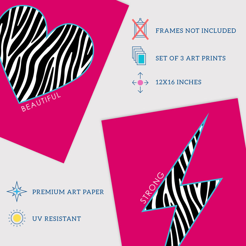 Zebra Pattern Heart Lightning Star Shape Motivational - 3 Piece No Frame Print Set, 40.5cm H x 30.5cm W x 0.3cm D