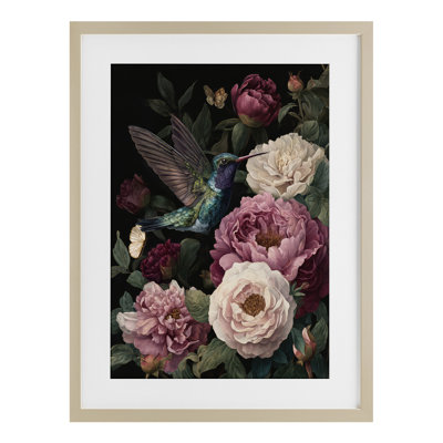 Hummingbird & Lush Peonies Framed Print Under Glass, design by The Wands Want