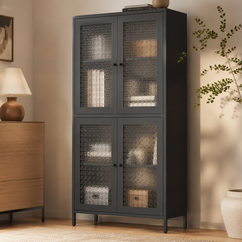 Armoire de rangement classique en métal avec 4 portes en verre et 4 tablettes