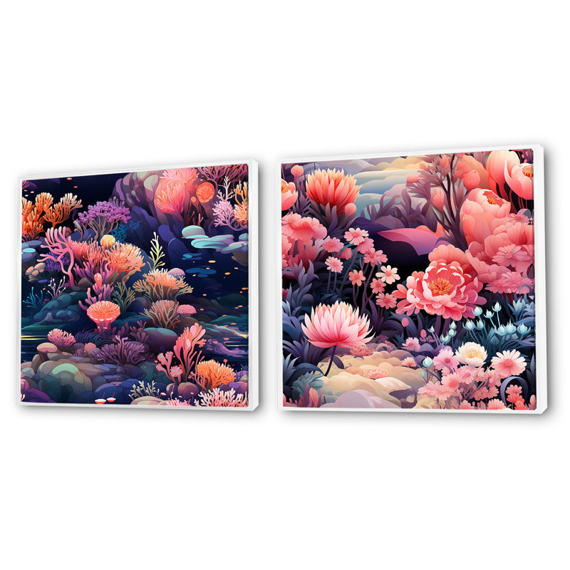 Rosenbaum - Ensemble de 2 collages carrés botaniques abstraits, Cadre flottant blanc, H 30 po x l 61 po