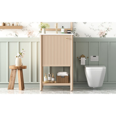Meuble-lavabo autoportant de style français de 20 pouces avec lavabo en céramique, meuble-lavabo simple, porte à fermeture en douceur, simplicité élégante, motifs exquis, charnières en acier inoxydable, poignée ronde en métal, grand espace de rangement,