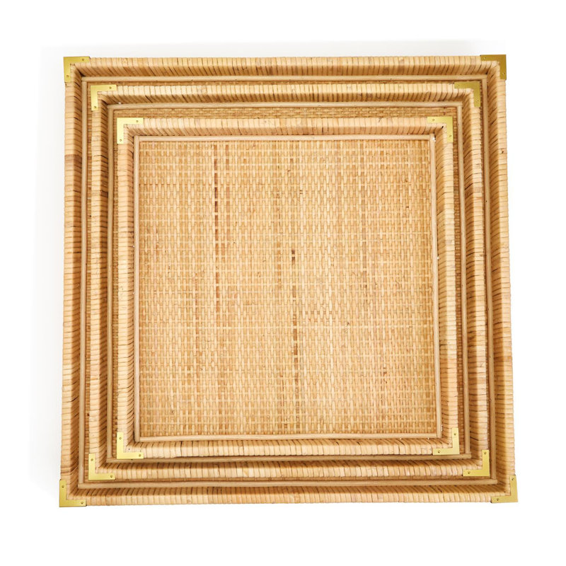 Set Of 3 Rattan Square Tray, Square, Rattan, 22" H x 22" W x 1.75" D