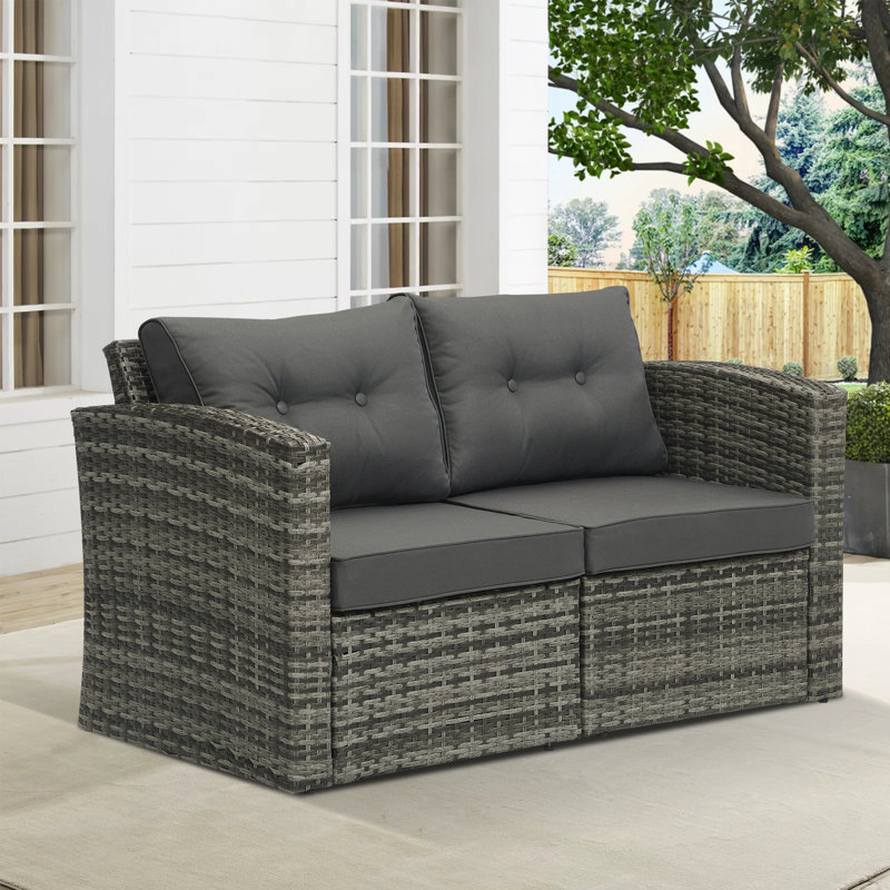 Causeuse d'extérieur en rotin avec coussins, Gris foncé, Gris