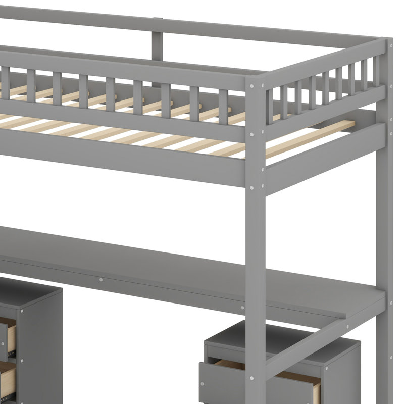 Lit mezzanine avec deux commodes, bureau et bande lumineuse, Gris, Lit simple