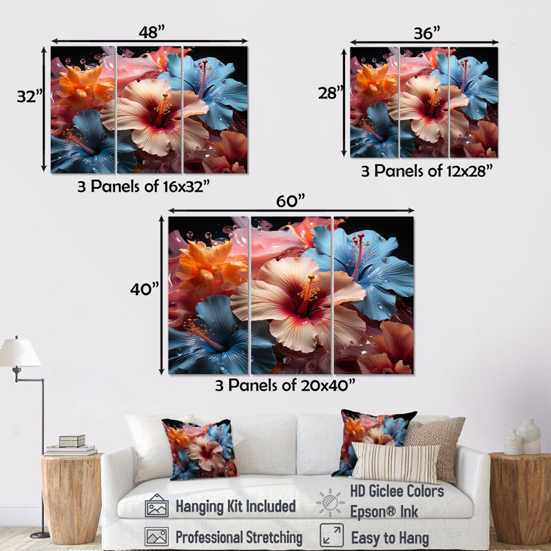 Hibiscus coloré moderne «I», ensemble d'art mural hibiscus, H 32 po x l 48 po x P 1 po