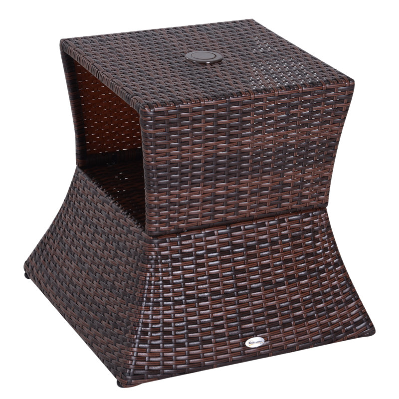 Table d'appoint de patio avec trou pour parasol, table d'appoint d'extérieur, table d'appoint à 2 niveaux en rotin tressé avec tablette de rangement