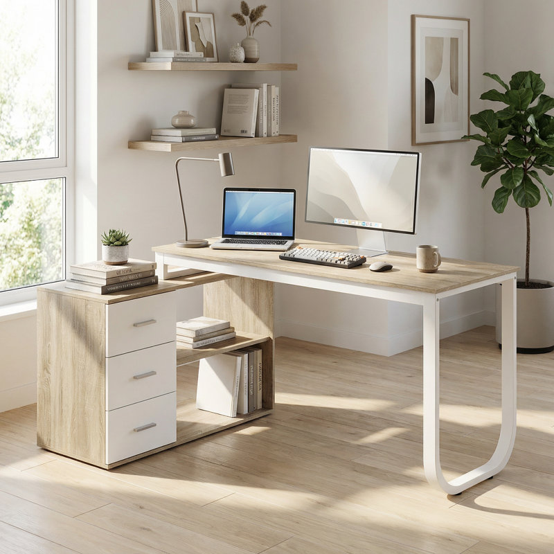 Latwon L-Shaped Writing Desk, Oak/White