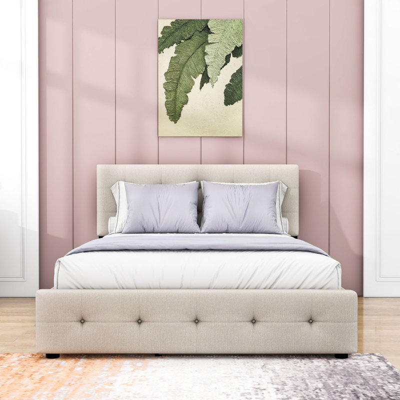 Filicity Queen Size Upholstered Platform Bed with 2 Drawers and Twin XL Trundle, Dark Beige