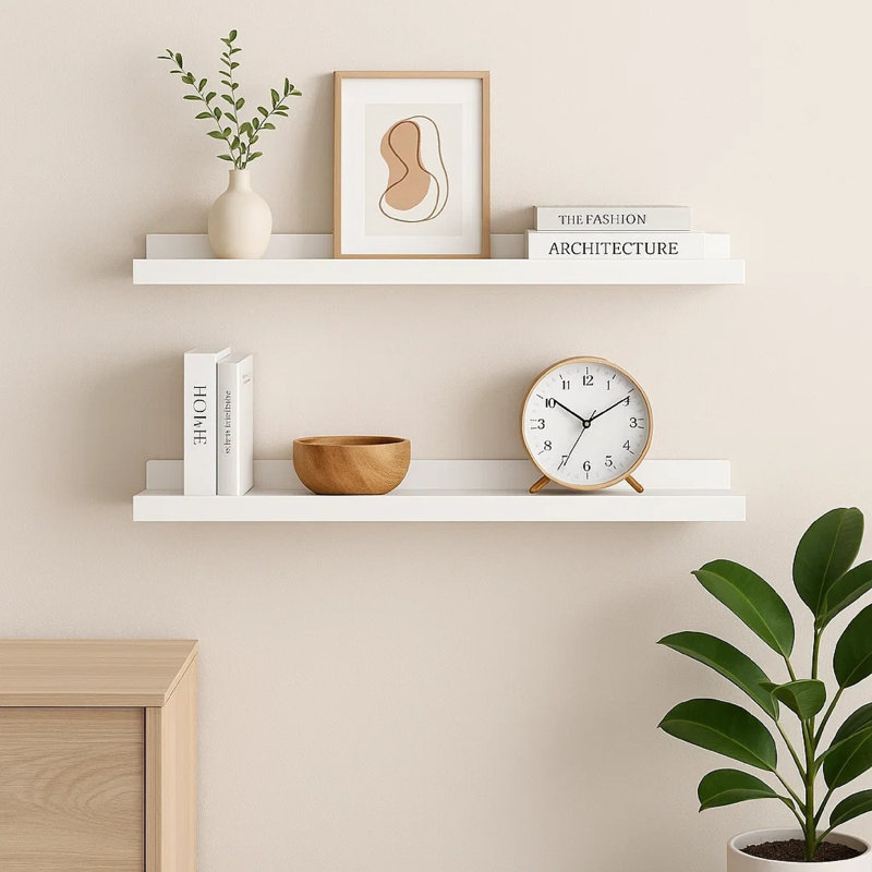 Ensemble de 2 tablettes murales surélevées Yuli, blanc classique, 32 po, H 1,2 po x l 31,5 po x P 3,5 po