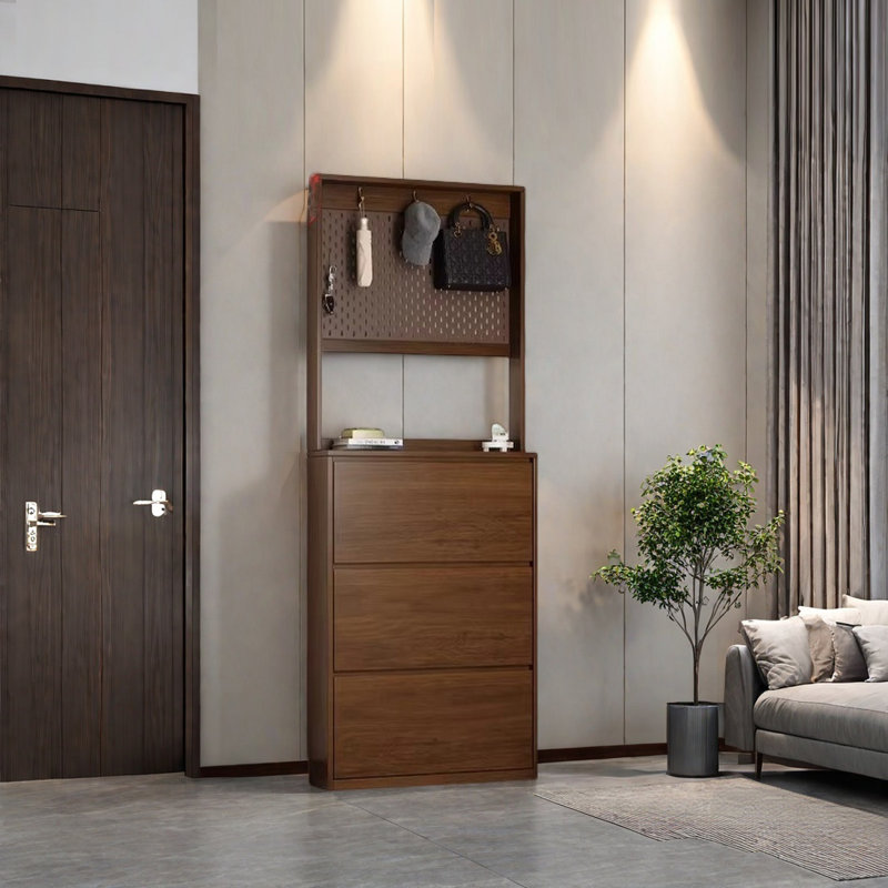 Wooden Coat Rack with Flip-Down Shoe Cabinet, Walnut