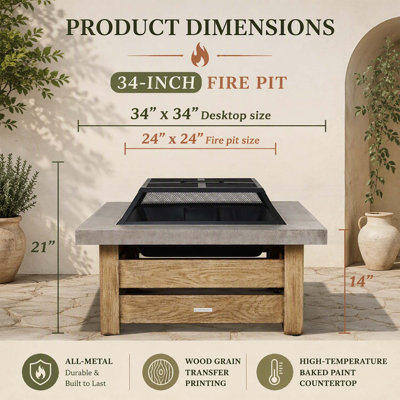 34-inch Iron Fire Pit Table for Wood-burning, Perfect for Outdoor Gatherings and Stylish Patio Decor