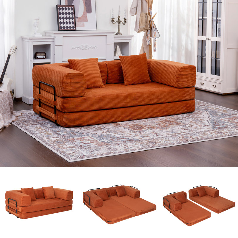 80" Convertible 4-In-1 Sleeper Sofa Bed With Removable Armrests, Orange
