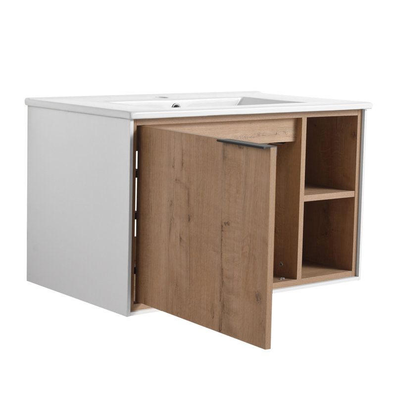 30 in. Imitative Oak Floating Wall Mounted Single Vanity with Ceramic Top