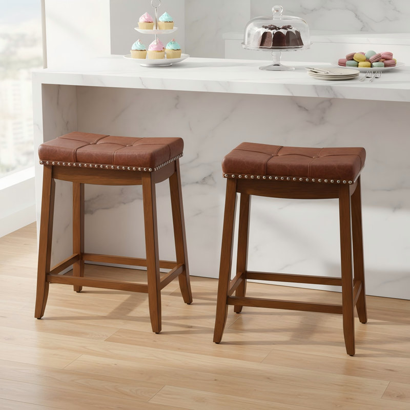 25" Counter Height Bar Stools Set of 2, Backless Saddle Bar Stools with Faux Leather Seat, 25"