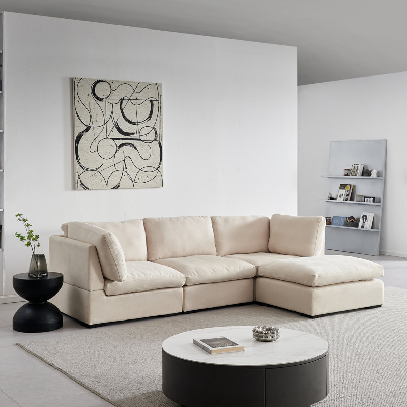 99" Combination Convertible Modular Sectional Sofa , Down Filled L Shaped Corner Couch, Beige Fabric