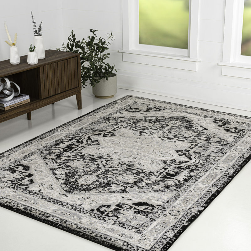Lilith Vintage Medallion Black/Ivory Rug, Rectangle 7'9" x 10'