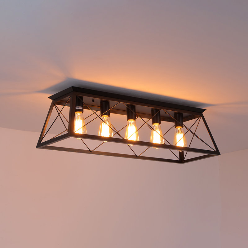 5 - Light Farmhouse Open Cage Rectangular Flush Ceiling Light, Black