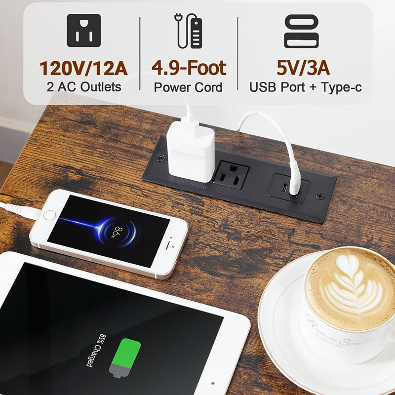 Ensemble de 2 tables de chevet avec station de charge, 2 tiroirs en tissu et tablette de rangement, tables de chevet brun rustique, ports USB-A et USB-C, prises CA