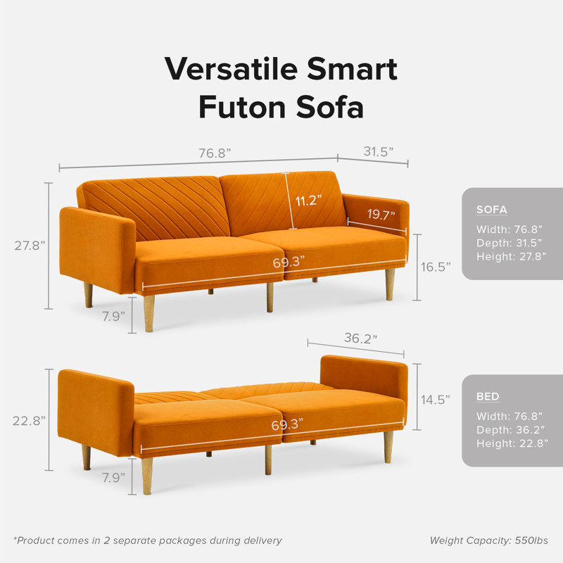 Twin 76.8'' Velvet Convertible Sofa, Apricot Velvet