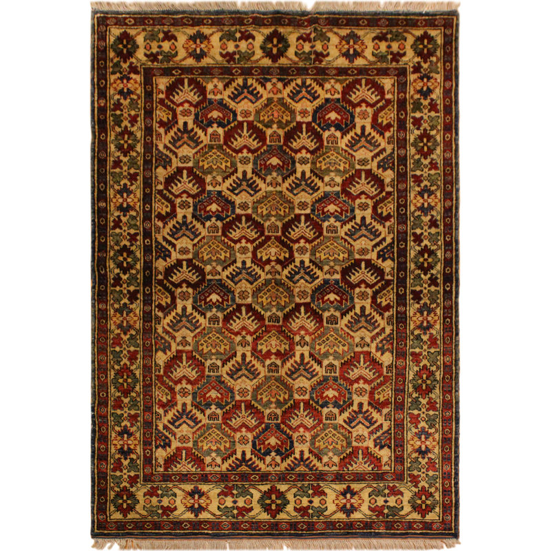 Tapis géométrique ivoire / rouge en laine noué à la main à motif géométrique 4 pi 3 po x 5 pi 6 po Faison