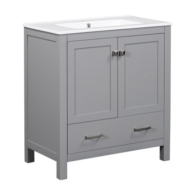 Meuble-lavabo gris 60 po, double vasque, tablette de rangement et portes - Armoire fonctionnelle de qualité 60 po avec tiroirs en céramique