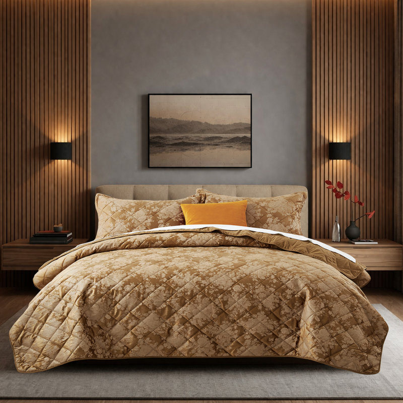Ensemble de couvre-lit en velours embossé - Ensemble de courtepointe légère avec taies d'oreiller, Caramel
