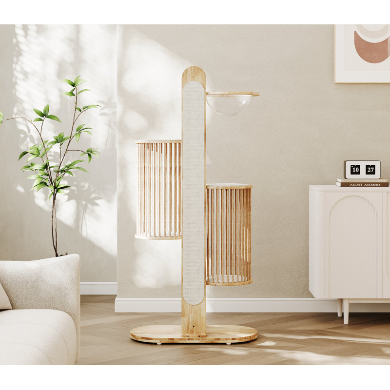 67" Okra Modern Cat Tree, 6-Level Solid Wood Cat Tower with Clear Acrylic Bowl, Natural Scratching Posts, Washable Cushions, Modern Cat Furniture for Indoor Cats White
