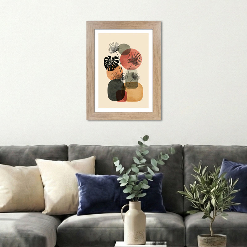 Scandinavian Mid Century Botanical Abstract Wall Art Giclee Art Print - Muted Terracotta & Olive Forms with Palm and Monstera Home Decor 1 Piece Wall Art