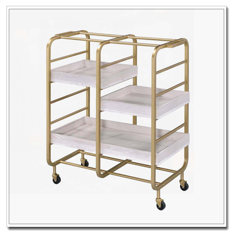 Gold and White Washed Serving Cart with 3 Adjustable Trays, Gold/White