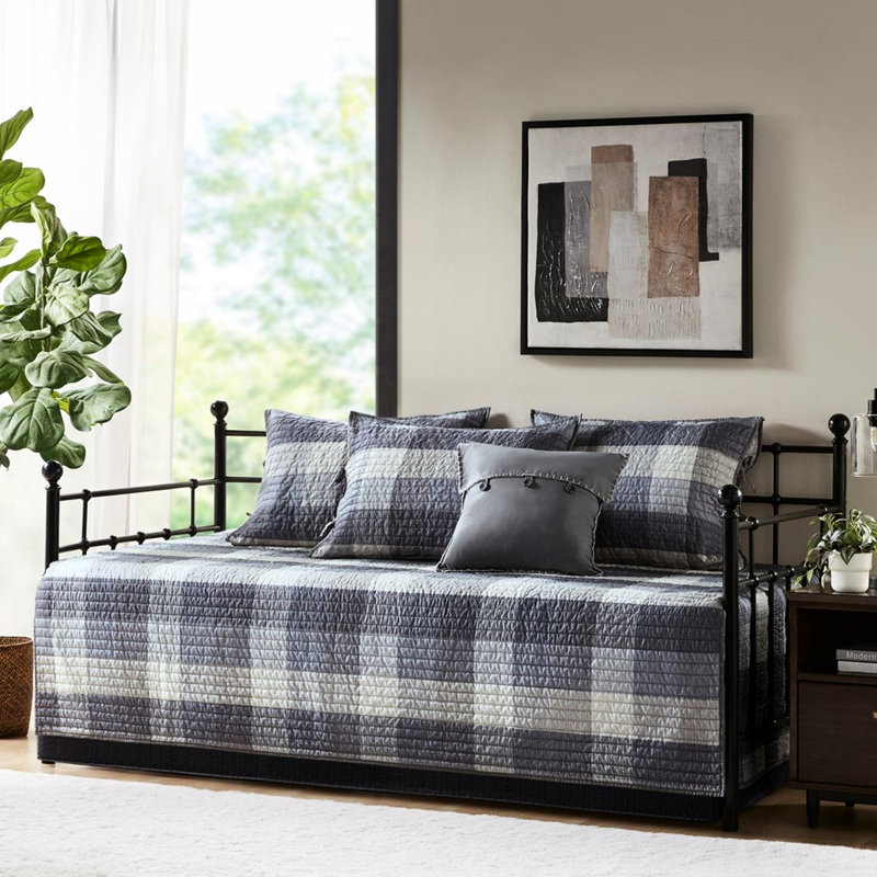 Housse de lit de jour grise 6 pièces - Style carreauté réversible avec 3 taies décoratives et coussin décoratif, microfibre, mélange de coton 6 pièces de conception unie avec housse, microfibre de 15 pouces